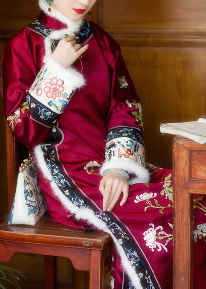 Red Faux Fur Collar Embroideried Button Side Open Thick Silk Cheongsam Long Sleeve