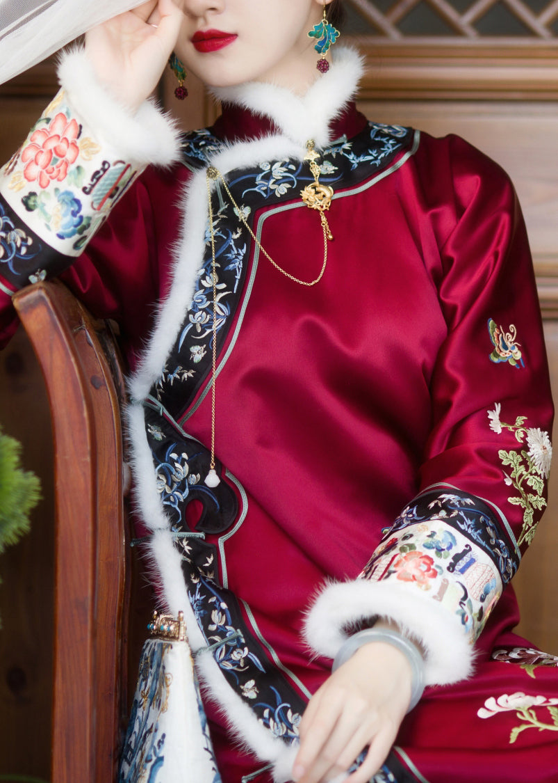 Red Faux Fur Collar Embroideried Button Side Open Thick Silk Cheongsam Long Sleeve