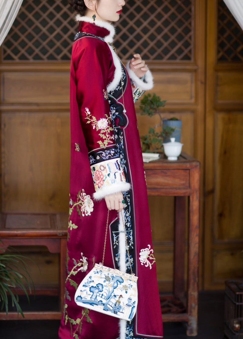 Red Faux Fur Collar Embroideried Button Side Open Thick Silk Cheongsam Long Sleeve