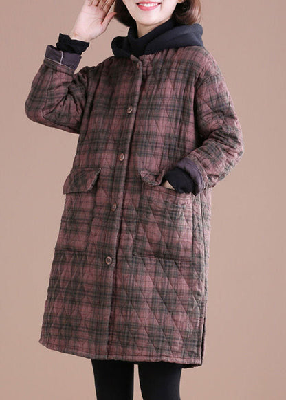 Red Hooded Plaid Side Open Fine Cotton Filled Jacket in Winter