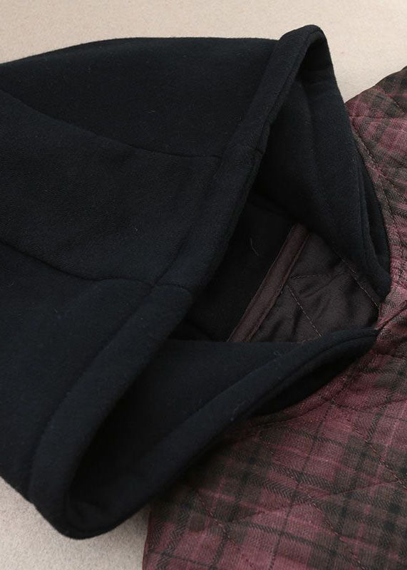 Red Hooded Plaid Side Open Fine Cotton Filled Jacket in Winter