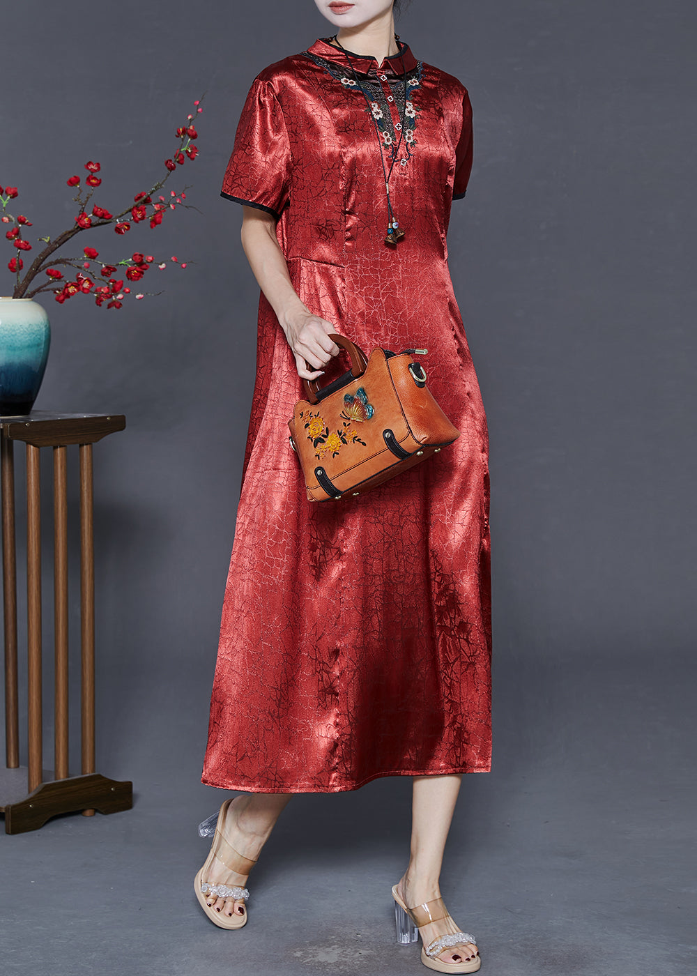 Red Mandarin Collar Embroidered Silk Dresses Summer