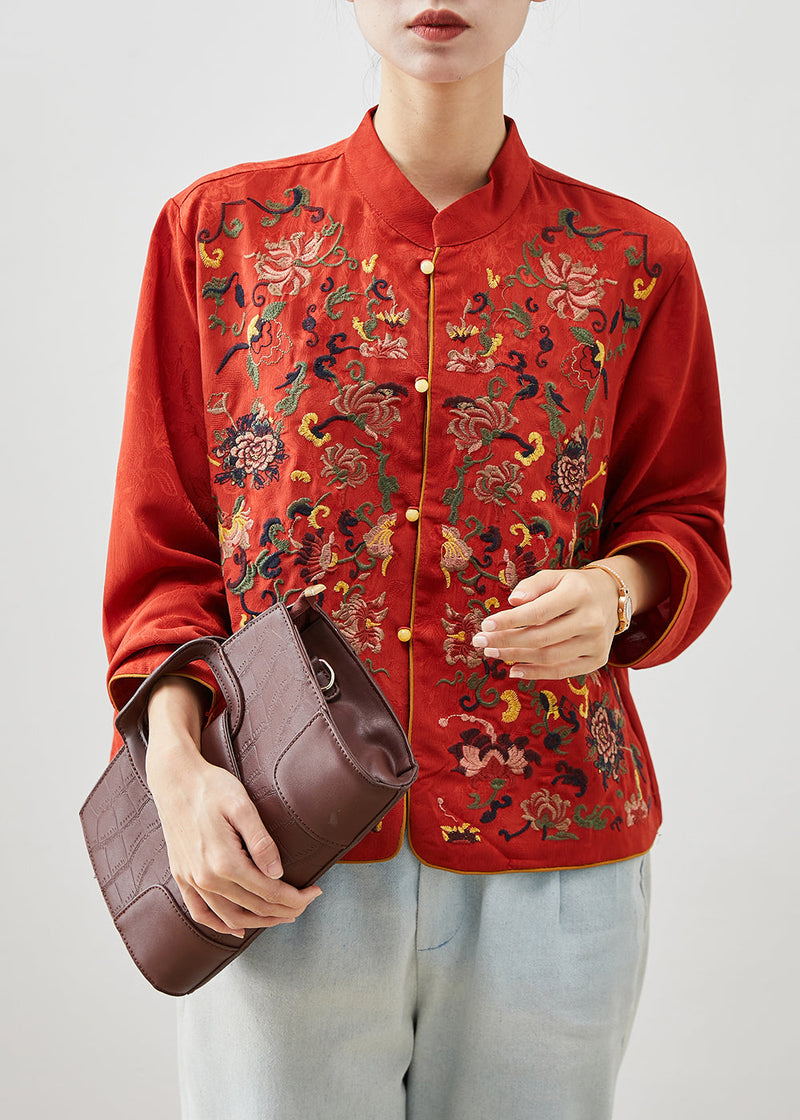 Red Mandarin Collar Embroidered Silk Shirt Top Fall