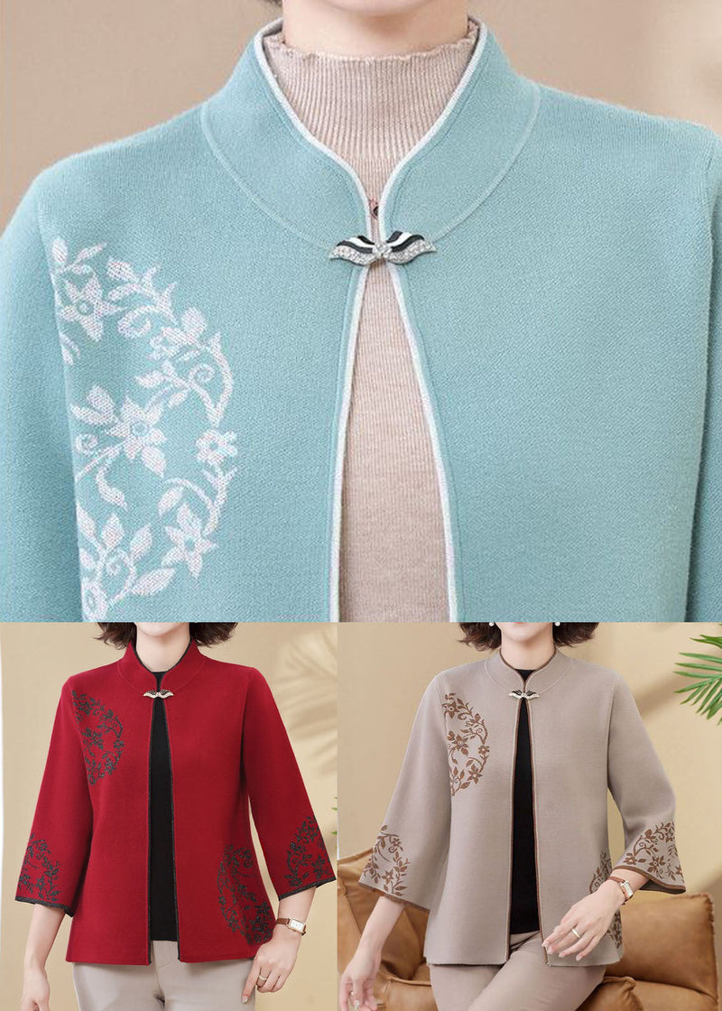 Red Mandarin Collar Print Woolen Coats Bracelet Sleeve