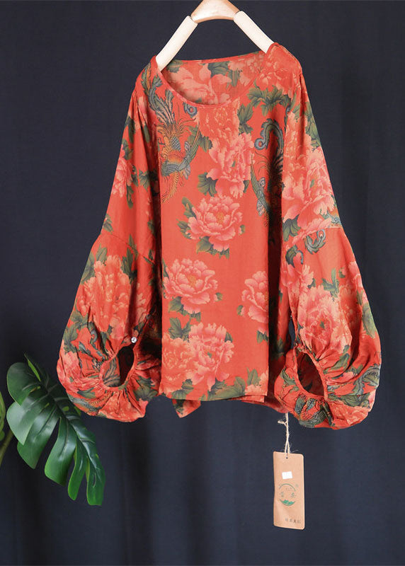 Red O Neck Print Patchwork Linen T Shirt Top Spring
