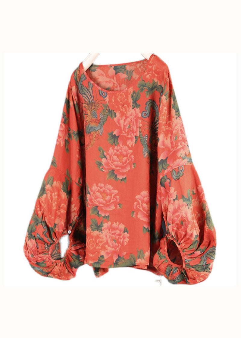 Red O Neck Print Patchwork Linen T Shirt Top Spring