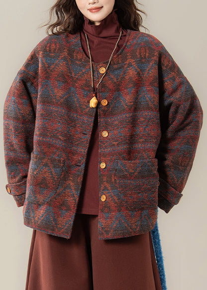 Red O Neck Print Pockets Cotton Filled Parkas Winter