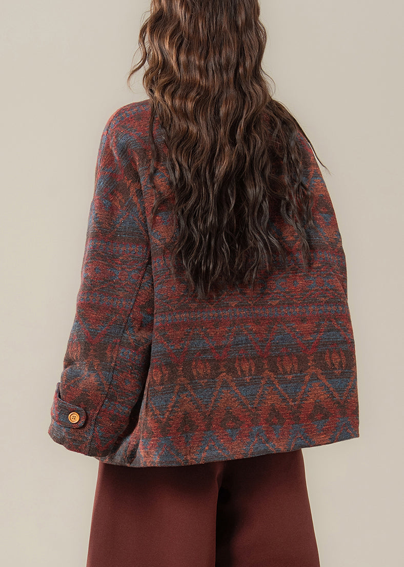 Red O Neck Print Pockets Cotton Filled Parkas Winter