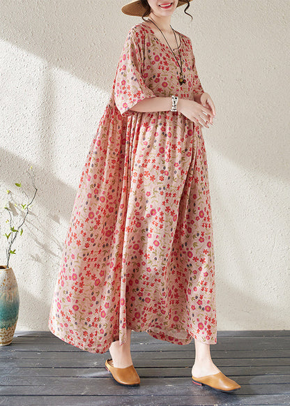 Red O-neck Print Wrinkled Long Dresses Short Sleeve