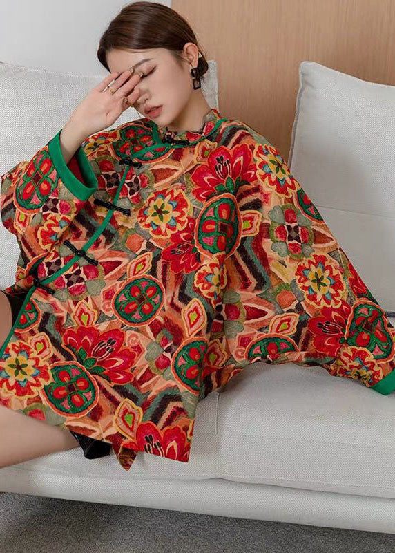 Red Oriental Button Patchwork Print Fine Cotton Filled Jacket Winter