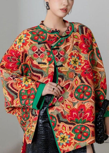 Red Oriental Button Patchwork Print Fine Cotton Filled Jacket Winter