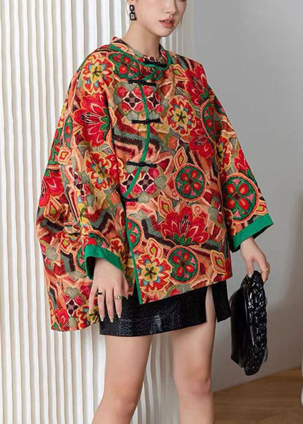 Red Oriental Button Patchwork Print Fine Cotton Filled Jacket Winter