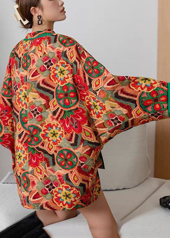 Red Oriental Button Patchwork Print Fine Cotton Filled Jacket Winter