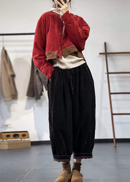 Red Oversized Patchwork Thick Corduroy Coat Winter