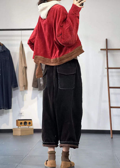Red Oversized Patchwork Thick Corduroy Coat Winter