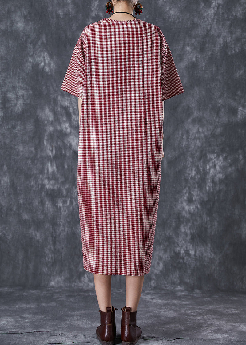 Red Oversized Plaid Linen Maxi Dress Summer