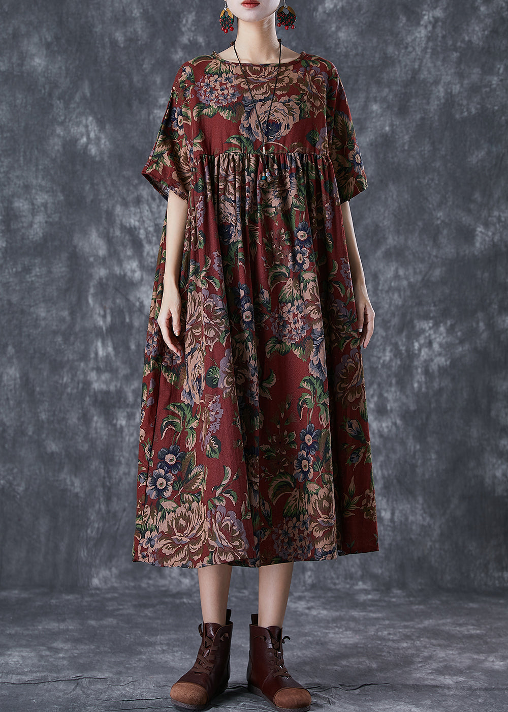 Red Oversized Print Cotton Maxi Dresses Summer