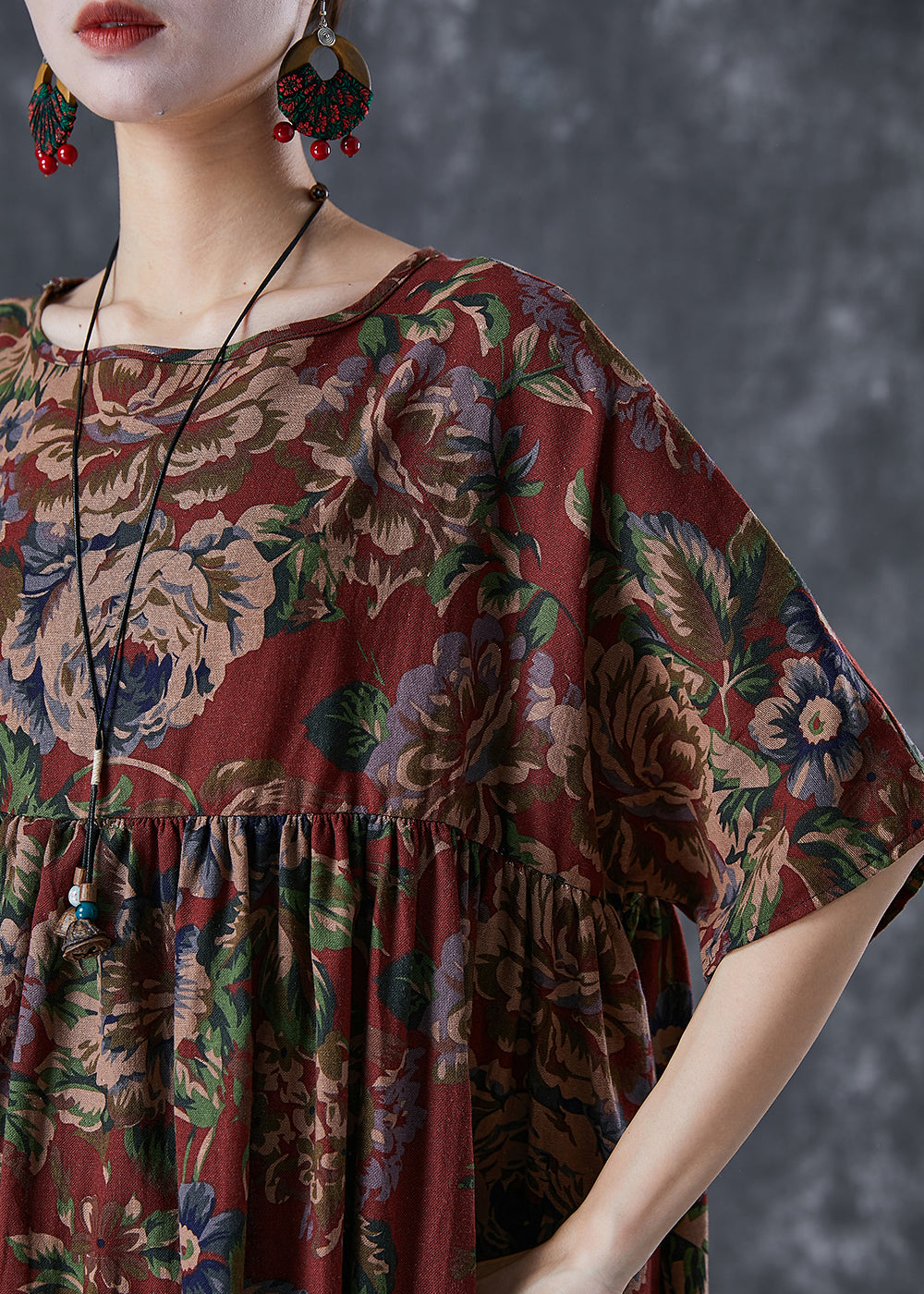 Red Oversized Print Cotton Maxi Dresses Summer