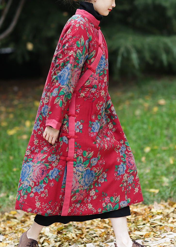 Red Oversized Print Fine Cotton Filled Maxi Dress Winter