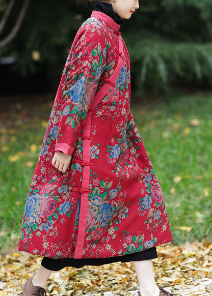 Red Oversized Print Fine Cotton Filled Maxi Dress Winter