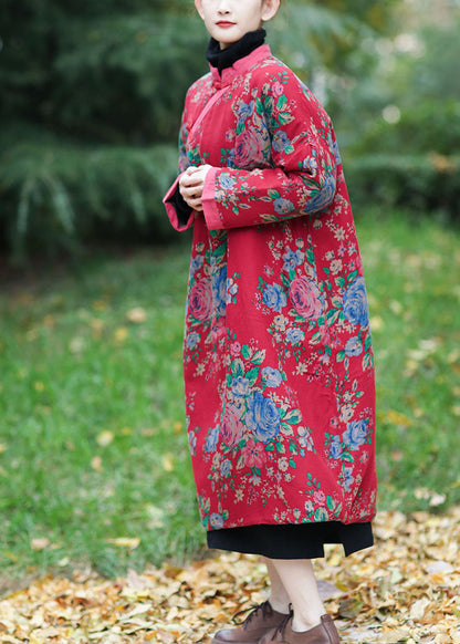 Red Oversized Print Fine Cotton Filled Maxi Dress Winter