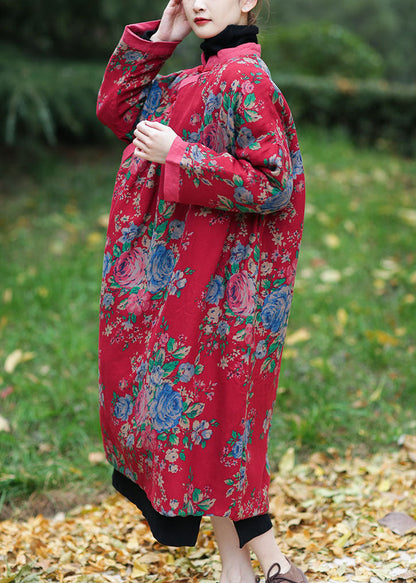 Red Oversized Print Fine Cotton Filled Maxi Dress Winter