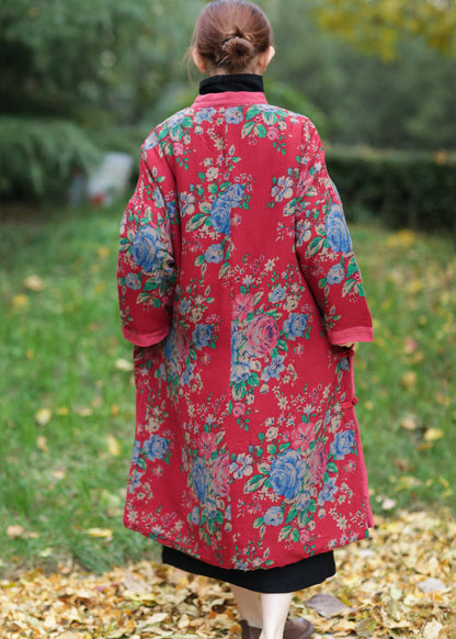 Red Oversized Print Fine Cotton Filled Maxi Dress Winter