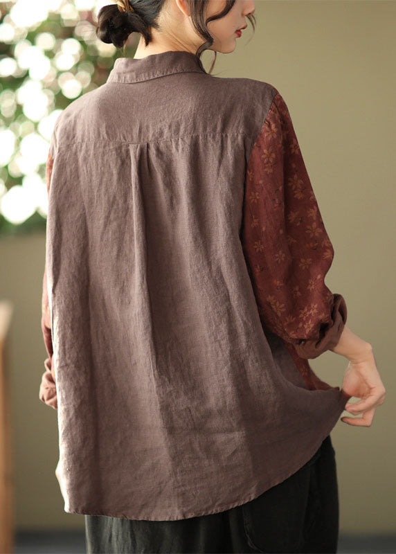 Vintage Red Peter Pan Collar Button Print Patchwork Linen Shirt Tops Long Sleeve