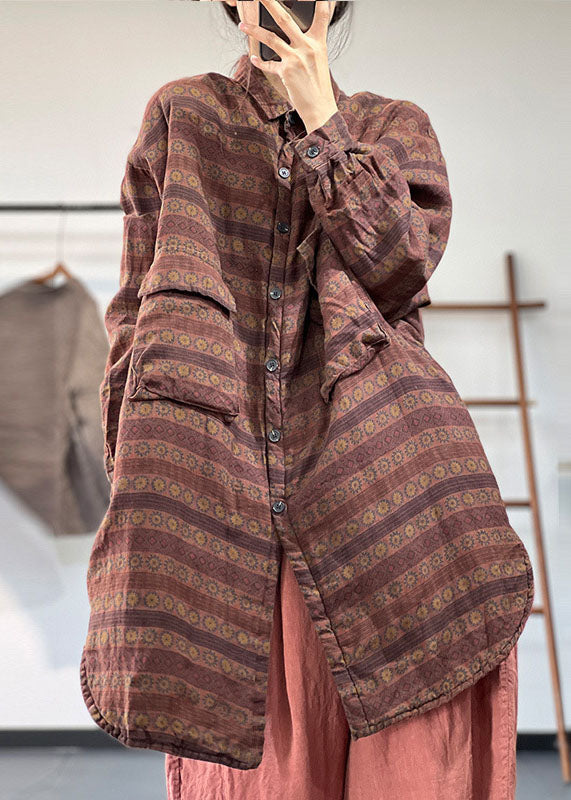 Red Peter Pan Collar Pockets Print Cotton Filled Linen Coats Winter