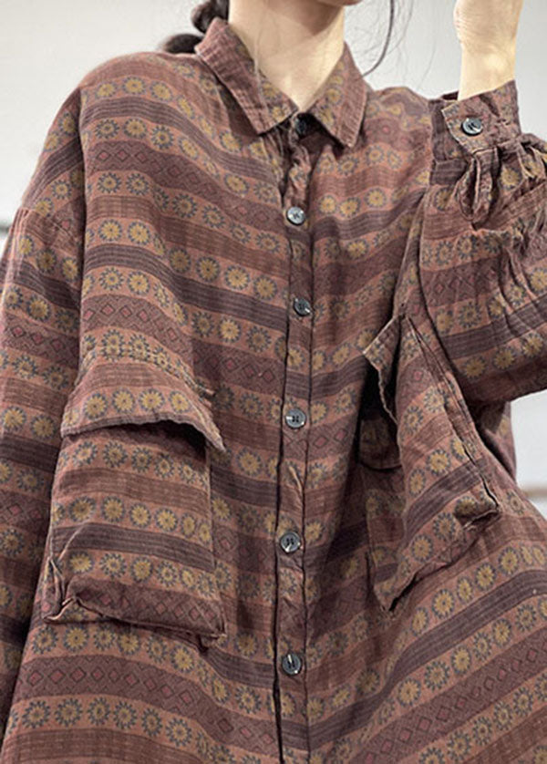 Red Peter Pan Collar Pockets Print Cotton Filled Linen Coats Winter