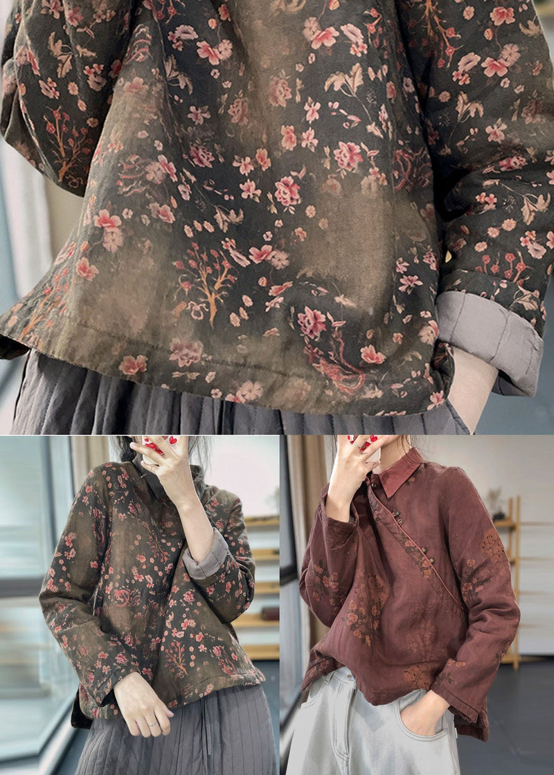 Red Peter Pan Collar Print Cotton Filled Linen Shirt Tops Winter