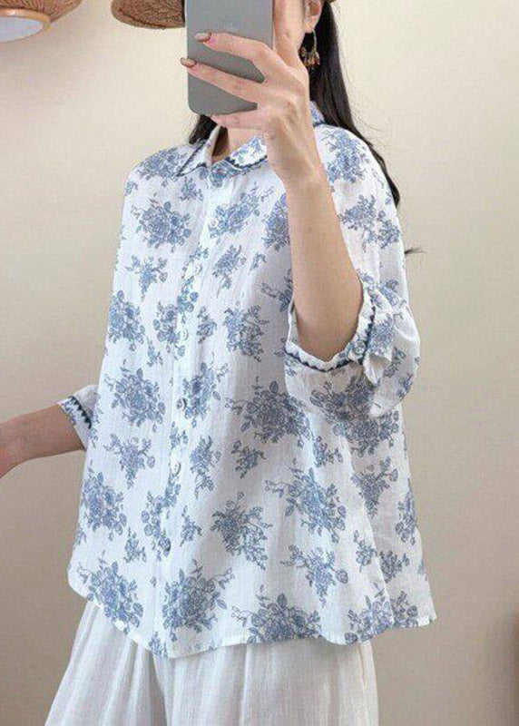 Red Peter Pan Collar Print Linen Shirt Three Quarter Sleeve