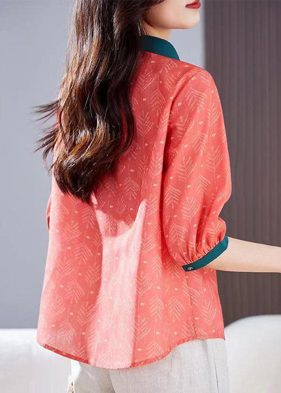 Red Peter Pan Collar Print Patchwork Linen Shirts Top Summer