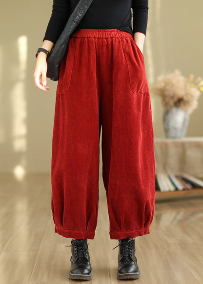 Red Pockets Patchwork Corduroy Lantern Pants Fall