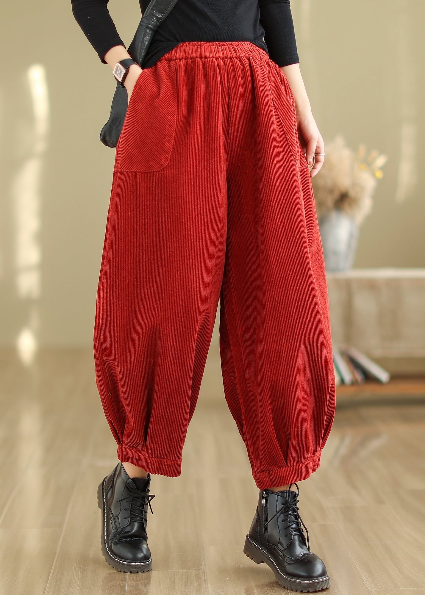 Red Pockets Patchwork Corduroy Lantern Pants Fall