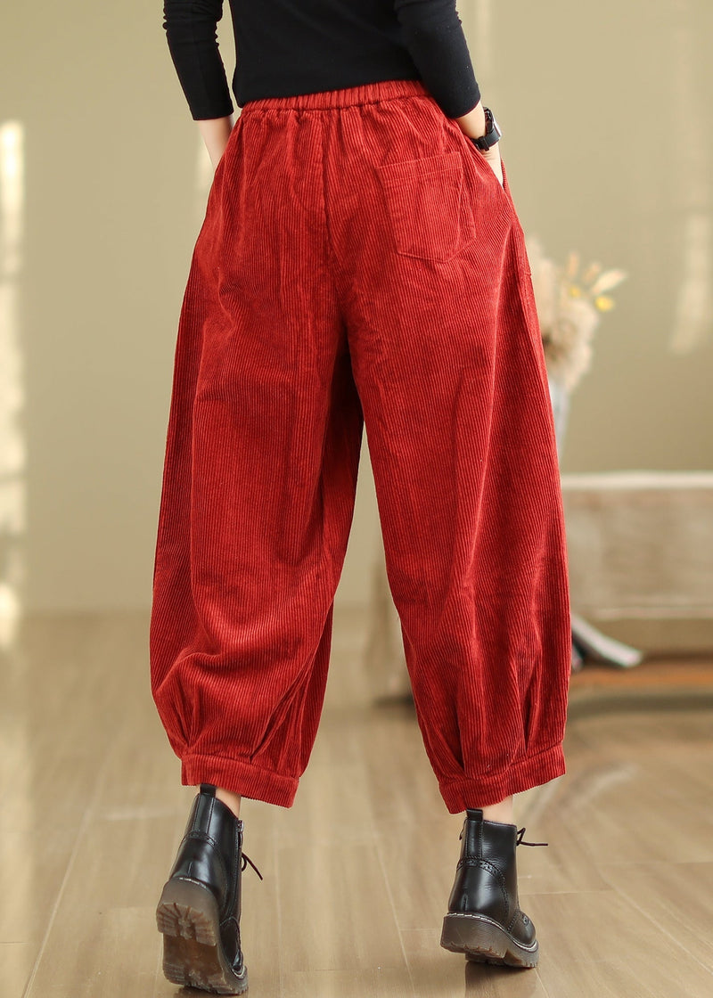 Red Pockets Patchwork Corduroy Lantern Pants Fall