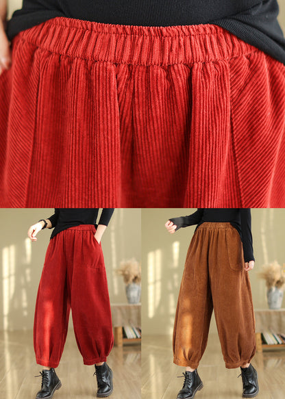 Red Pockets Patchwork Corduroy Lantern Pants Fall