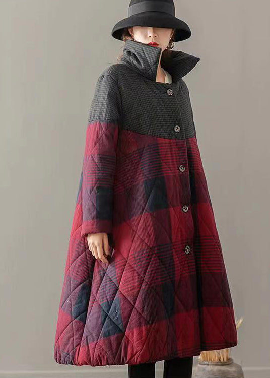 Red Pockets Plaid Patchwork Fine Cotton Filled Coats Winter