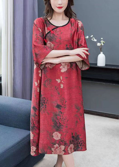 Red Print Chinese Button Patchwork Chiffon Dresses Summer