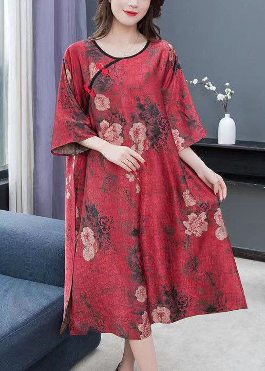 Red Print Chinese Button Patchwork Chiffon Dresses Summer