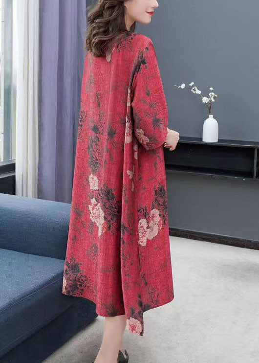 Red Print Chinese Button Patchwork Chiffon Dresses Summer