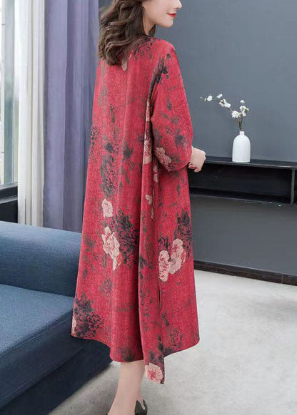 Red Print Chinese Button Patchwork Chiffon Dresses Summer