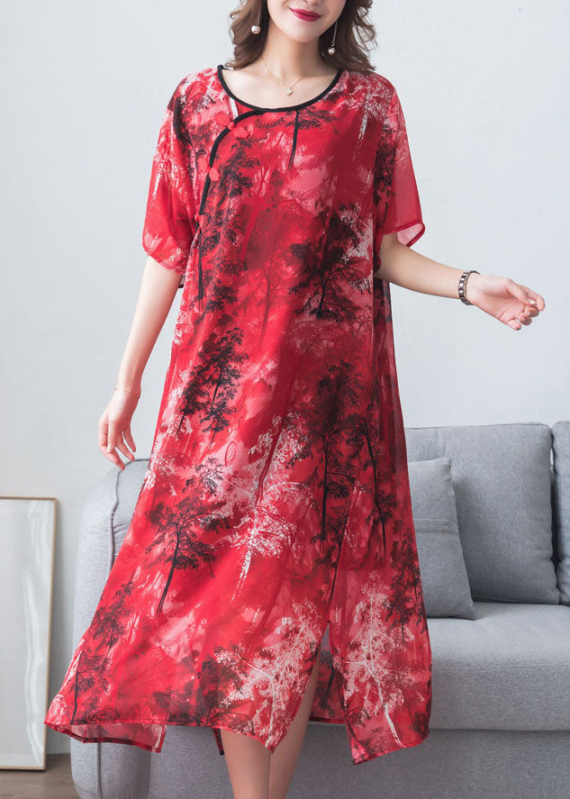 Red Print Chinese Button Patchwork Chiffon Long Dresses Summer