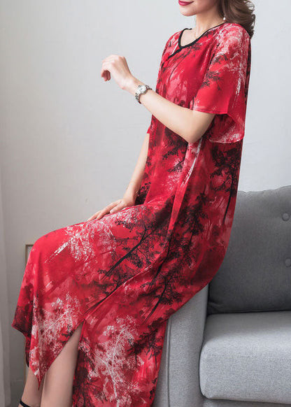 Red Print Chinese Button Patchwork Chiffon Long Dresses Summer