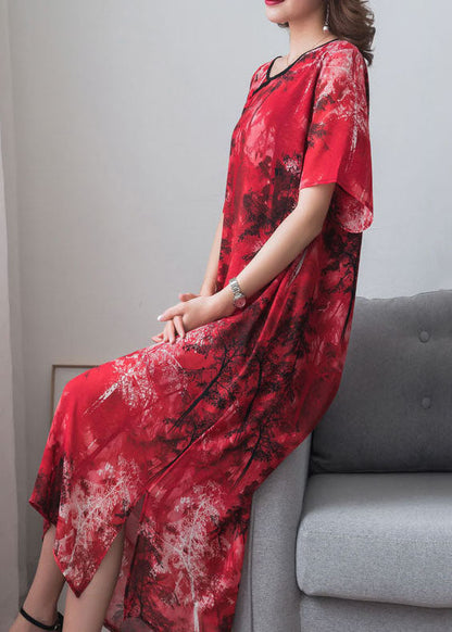 Red Print Chinese Button Patchwork Chiffon Long Dresses Summer