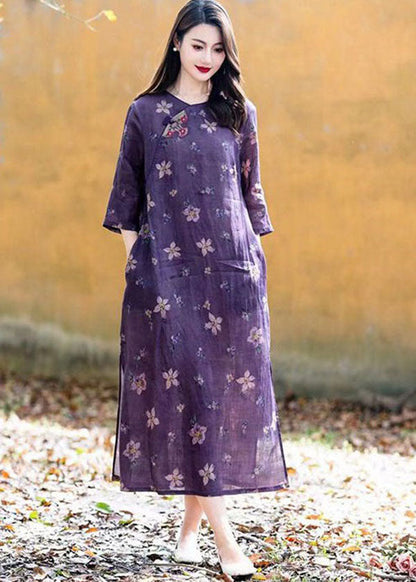 Red Print Chinese Button Patchwork Linen Long Dresses Summer