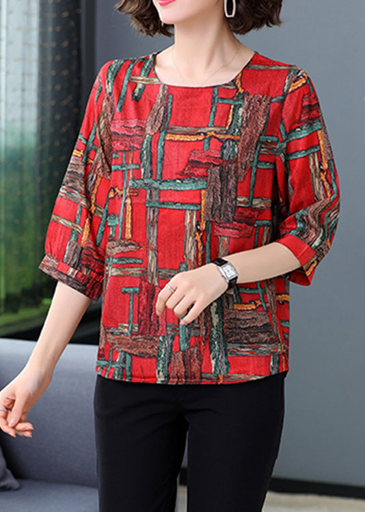 Red Print Cozy Silk Top Summer