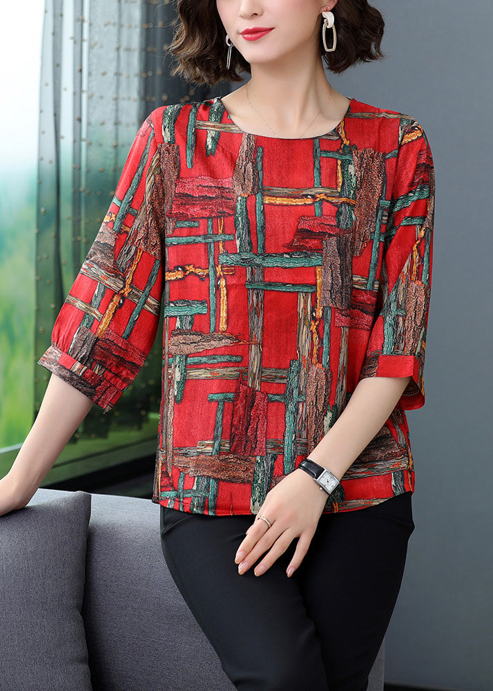 Red Print Cozy Silk Top Summer