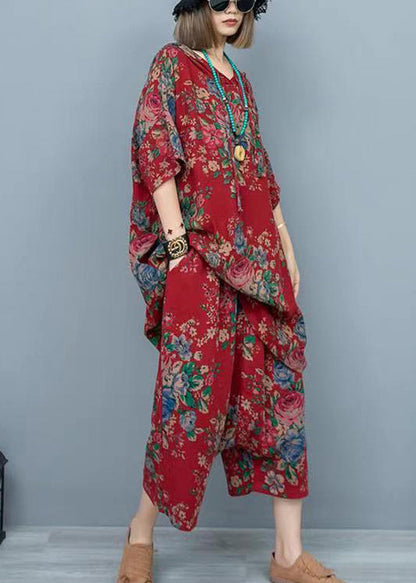 Red Print Hooded T Shirts and Crop Pants Cotton Two Pieces Set Summer