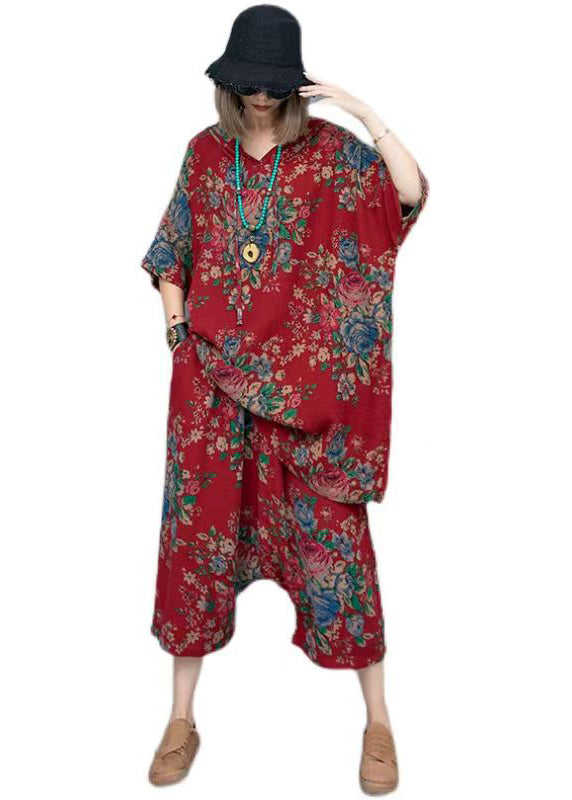 Red Print Hooded T Shirts and Crop Pants Cotton Two Pieces Set Summer